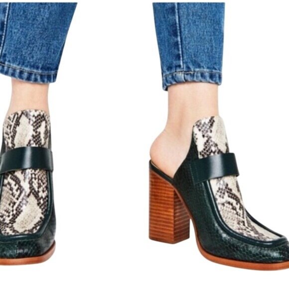 Zara Shoes - Zara Dark Green Leather & Snake-Print Block Heel Mules